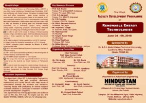 FDP on “Renewable Energy Technologies” in Department of Automobile Engineering @ HINDUSTAN COLLEGE OF SCIENCE AND TECHNOLOGY, FARAH-MATHURA